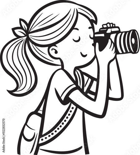 Girl takes pictures with the camera Vector Illustration, Sketch Drawing Line Linear Symbol Icon Engraving Coloring Book, Hand-drawn Black and White Isolated