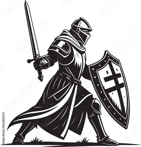 knight with sword and shield Vector Illustration, Sketch Drawing Line Linear Symbol Icon Engraving Coloring Book, Hand-drawn Black and White Isolated