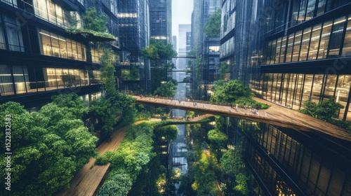 Lush urban landscape with interwoven walkways and towering buildings. Lush green foliage surrounds a network of elevated walkways connecting modern skyscrapers