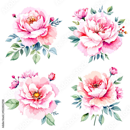 floral arrangement, round bouquet, flowers design elements, watercolor clip art isolated on white background