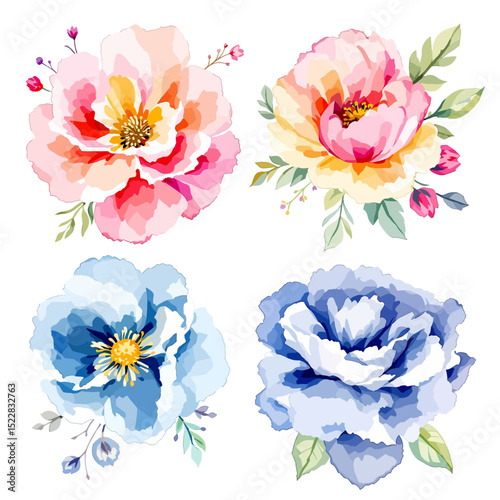 floral arrangement, round bouquet, flowers design elements, watercolor clip art isolated on white background
