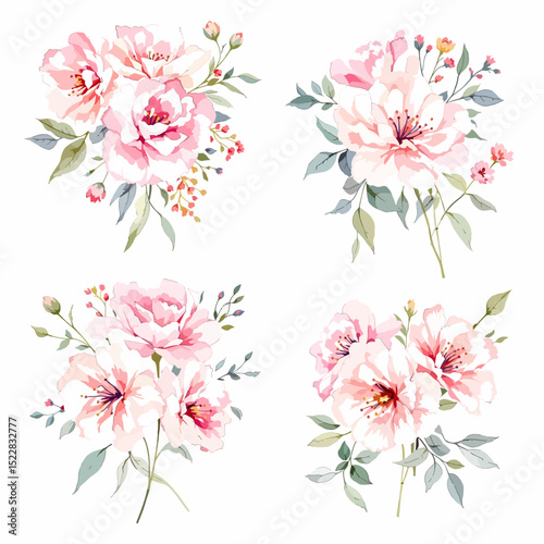 floral arrangement, round bouquet, flowers design elements, watercolor clip art isolated on white background