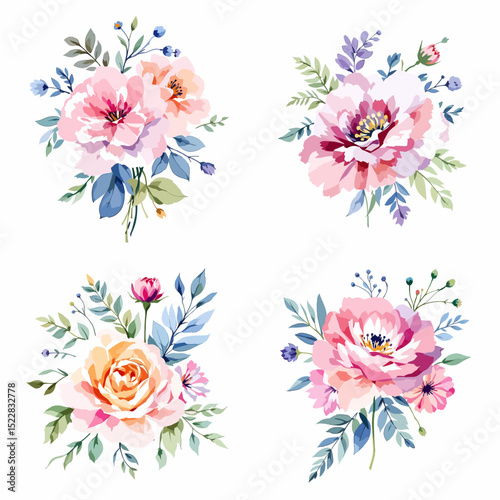 floral arrangement, round bouquet, flowers design elements, watercolor clip art isolated on white background