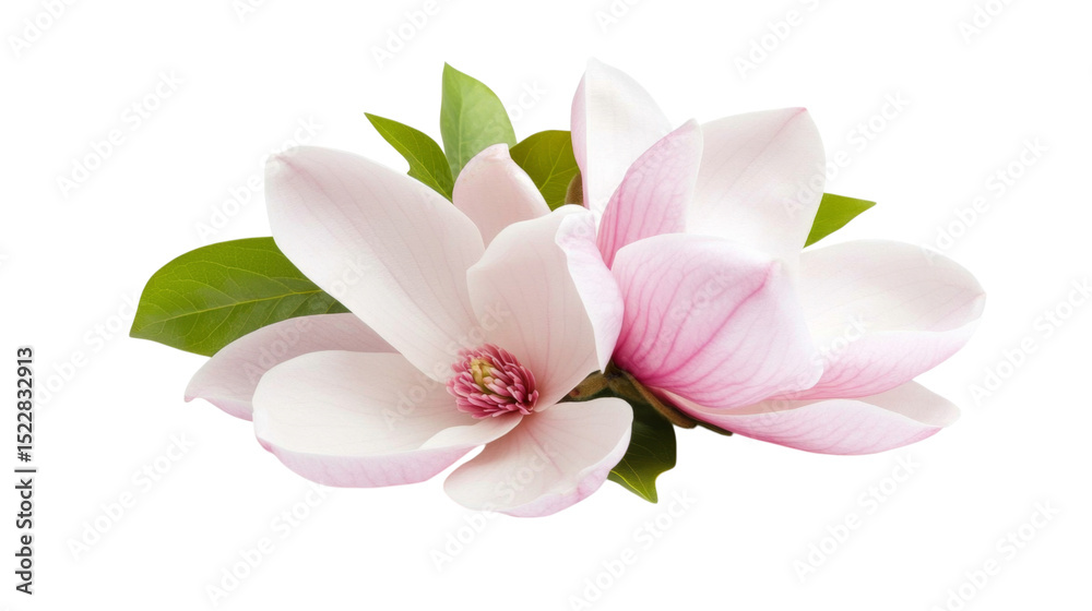 Fototapeta premium Closeup view of pink magnolia flower branch showcasing delicate petals and vibrant green leaves, evoking sense of tranquility