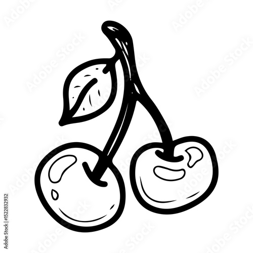 Cherry on a branch with a leaf. Hand drawn doodle vector. Summer berry. Sweet fruit. Seasonal vitamins. Fresh vegetarian food. Ripe dessert pulp with pits. Illustration line art element.