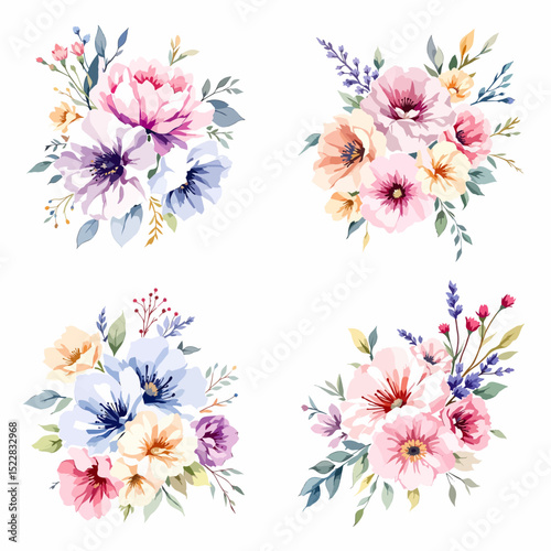 peony flower set watercolor vector illustration