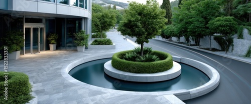 Modern landscaped plaza with a circular water feature at the entrance of a contemporary building