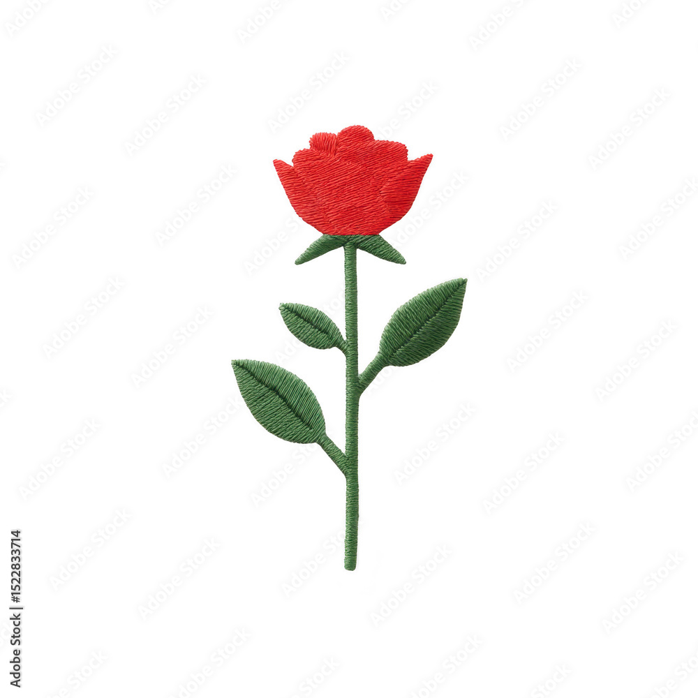 Fototapeta premium Vibrant red rose embroidery design with green leaves and stem, showcasing intricate stitching on transparency background. Perfect for textile decoration or fashion embellishment