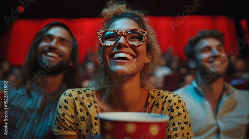 Woman in glasses with a smile holding popcorn in a movie theater. Useful for advertising movie theaters and entertainment events.