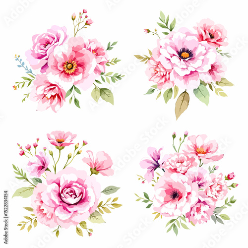 Set of bouquet vector. Watercolor floral arrangement with wildflower, rose, poppy, sunflower, eucalyptus, leaves branch in minimal style. Botanical illustration design for logo, wedding, decor, print.