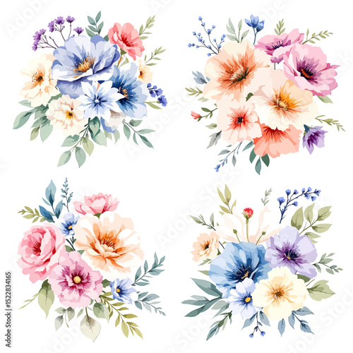 Set of bouquet vector. Watercolor floral arrangement with wildflower, rose, poppy, sunflower, eucalyptus, leaves branch in minimal style. Botanical illustration design for logo, wedding, decor, print.