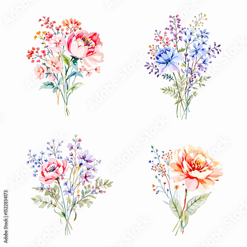 Set of bouquet vector. Watercolor floral arrangement with wildflower, rose, poppy, sunflower, eucalyptus, leaves branch in minimal style. Botanical illustration design for logo, wedding, decor, print.