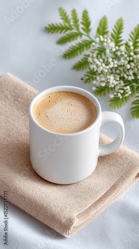 White Mug of Cappuccino on Beige Napkin with Fern and Flowers