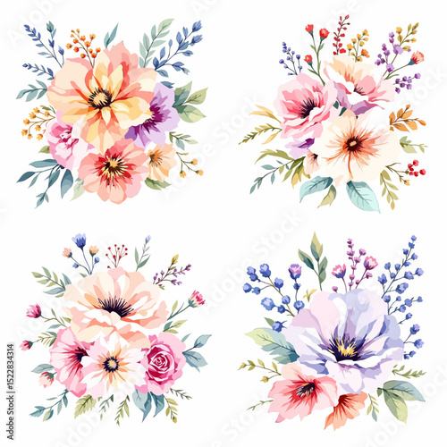 Watercolor wild flowers illustration in vintage style, leaves and grass set. Collection botanic garden elements.	