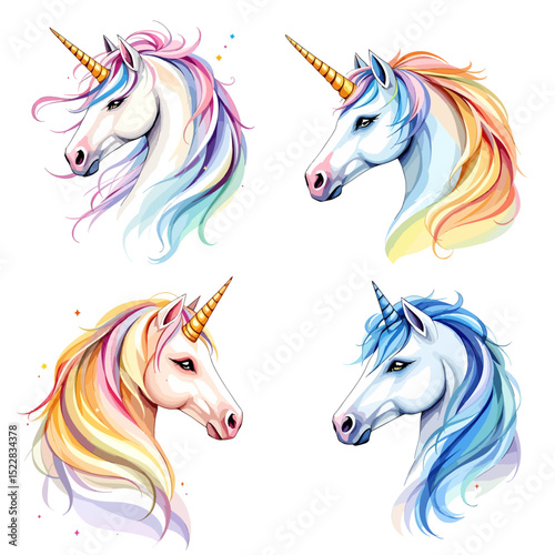 Set Beautiful watercolor unicorns in pink and purple colors.	