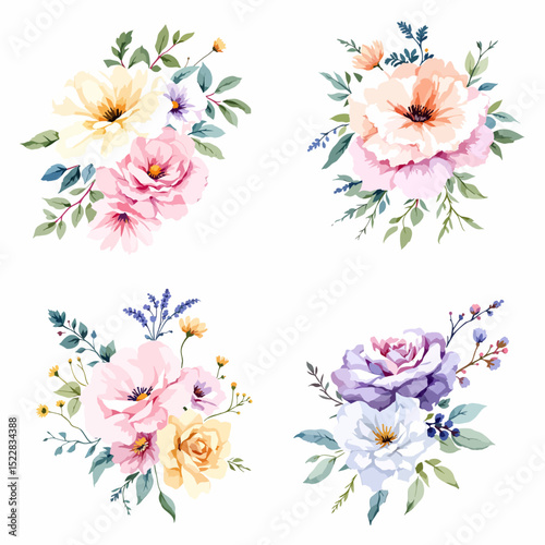 Watercolor Colorful flowers and buds and green leaves Illustrations 