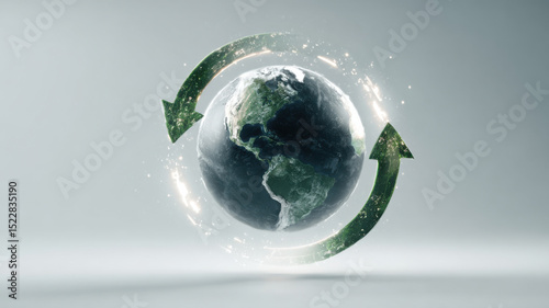 Recycling loop formed by glowing arrows around a globe, concept of circular economy, minimal eco concept
