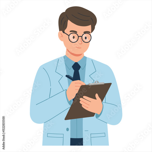 vector illustrations on medical theme. Male doctors in pensive poses and with a notebook