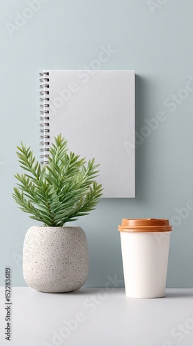 White Notepad Mockup with Spiral Binding and Greenery on Desk