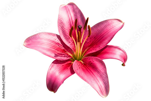 Beautiful pink lily blossom with yellow stamens isolated on a transparent background