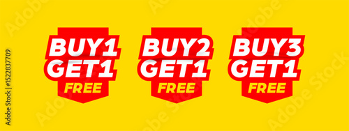 Special promo product label vector illustration, buy 1 get 1 free, buy 2 get 1 free, and buy 3 get 1 free set of sale banner