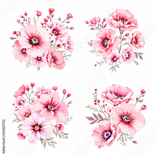 Watercolor pink flowers and buds and green leaves Illustrations 