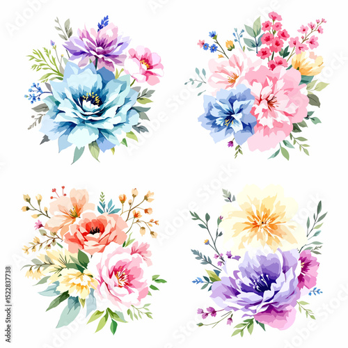 Set watercolor bouquet flowers on white background	