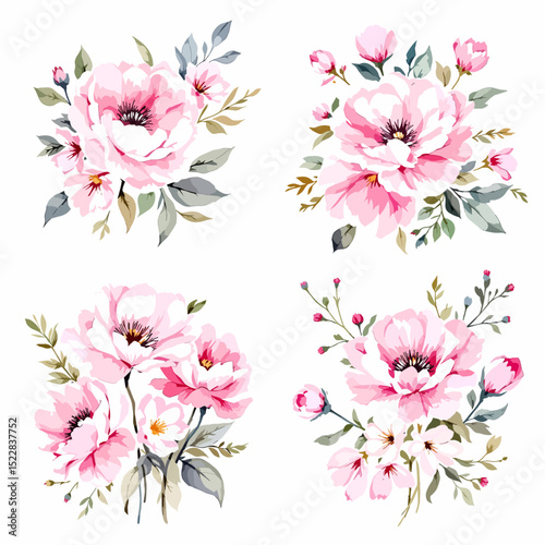 Watercolor pink flowers and buds and green leaves Illustrations 