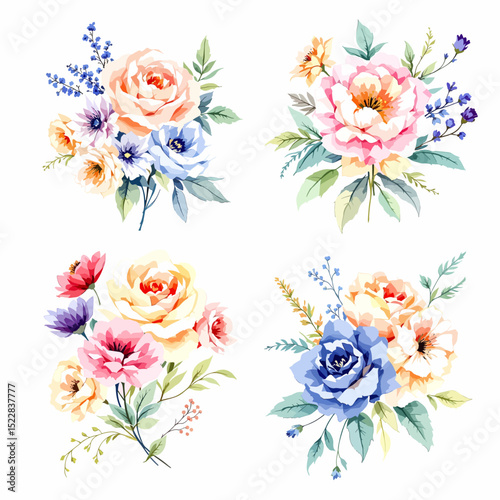 Set watercolor bouquet flowers on white background	