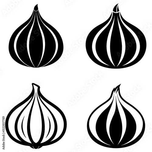 Four Black and White Figs with Stylized Lines and White Backgrounds