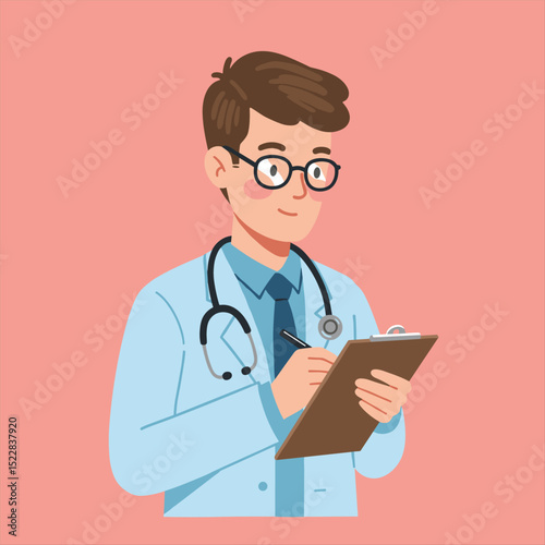 vector illustrations on medical theme. Male doctors in pensive poses and with a notebook