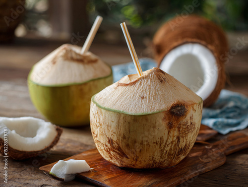 Fresh coconut water in coconut shell with straw