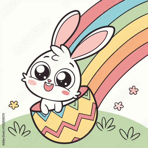 Kawaii easter bunny peeking from egg adorable spring graphic cute pink happy sweet white image rabbit