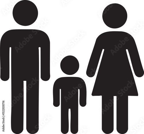 Simple Black and White Family Icon Featuring a Man Woman and Child on a White Background