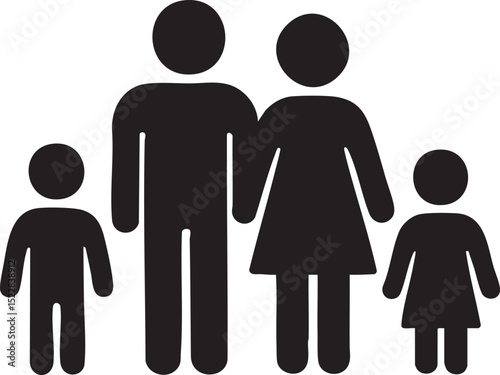 Simple Black and White Pictogram Depicting a Nuclear Family with Two Children Standing Together Illustration black