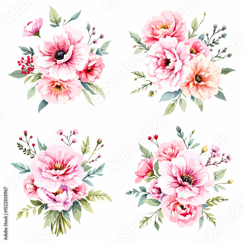 Watercolor wildflower set with daisies, forget-me-nots, cornflowers, poppies, bellflowers, and clover in botanical illustration