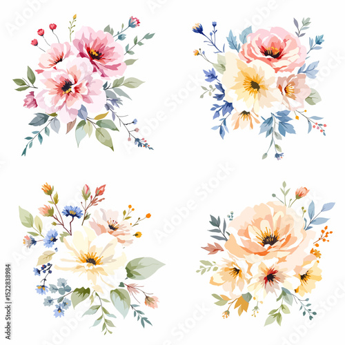 Watercolor wildflower set with daisies, forget-me-nots, cornflowers, poppies, bellflowers, and clover in botanical illustration