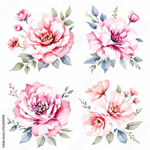 Watercolor wildflower set with daisies, forget-me-nots, cornflowers, poppies, bellflowers, and clover in botanical illustration