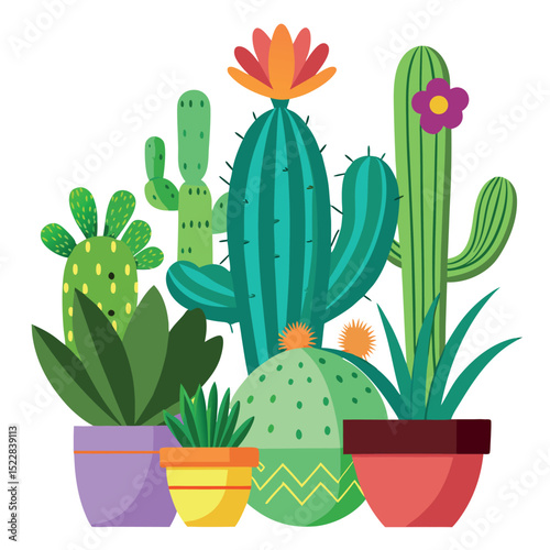 Cartoon Cacti and Succulents in Colorful Flower Pots Graphic Illustration for Home Decor