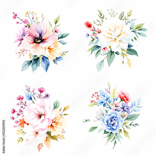 Watercolor wildflower set with daisies, forget-me-nots, cornflowers, poppies, bellflowers, and clover in botanical illustration