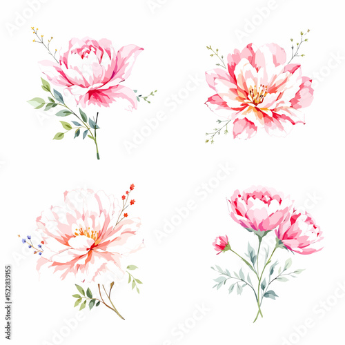 Watercolor wildflower set with daisies, forget-me-nots, cornflowers, poppies, bellflowers, and clover in botanical illustration