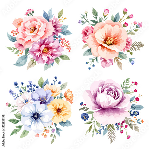 Watercolor wildflower set with daisies, forget-me-nots, cornflowers, poppies, bellflowers, and clover in botanical illustration