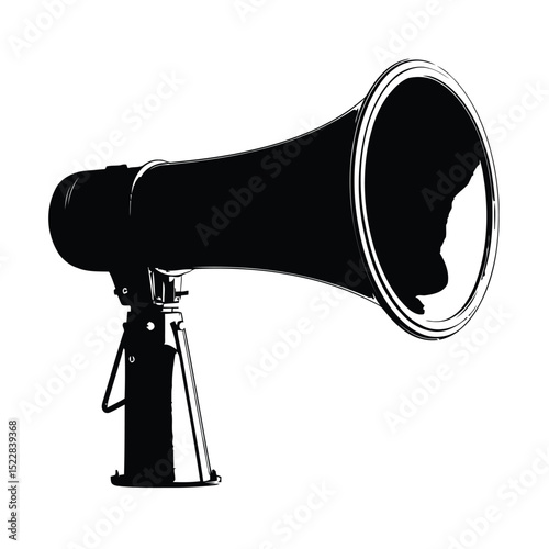 Black and white silhouette of a vintage megaphone on a tripod stand isolated