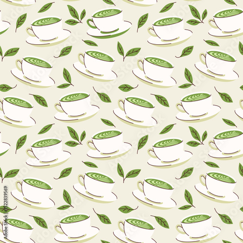 Green matcha seamless pattern.Matcha latte healthy drink. Herbal organic food. Japanese tea culture. Asian culture