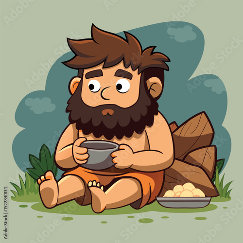 Cartoon Caveman Eating from Bowl With Food and Wood Background Vector Illustration