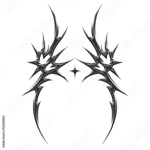 3d chrome metal of y2k tribal sigilism tatto. Flame shape in liquid mercury. 3d illustration of abstract neo tribal cyber sigil metallic melted modern burn form, design element. 3D Illustration