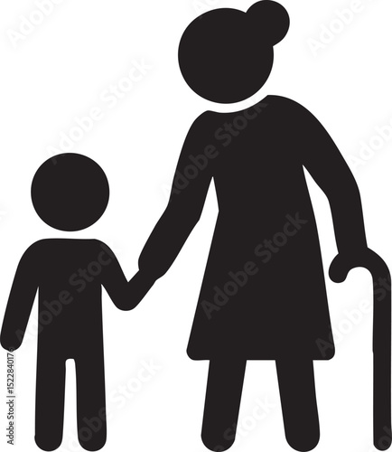 Graphic Depiction of an Elderly Woman Holding Hands with a Child While Using a Walking Cane