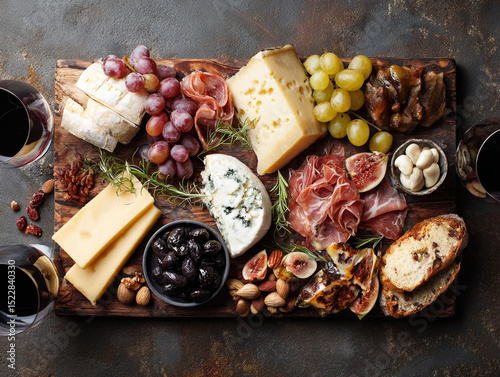 Flat lay of assorted charcuterie board with meats, cheeses and fruits
