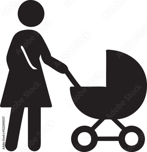 Simple Pictogram Illustration of a Woman Pushing a Baby Stroller Representing Motherhood and Childcare in a Clean Design