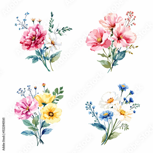 Watercolor wildflower set with daisies, forget-me-nots, cornflowers, poppies, bellflowers, and clover in botanical illustration